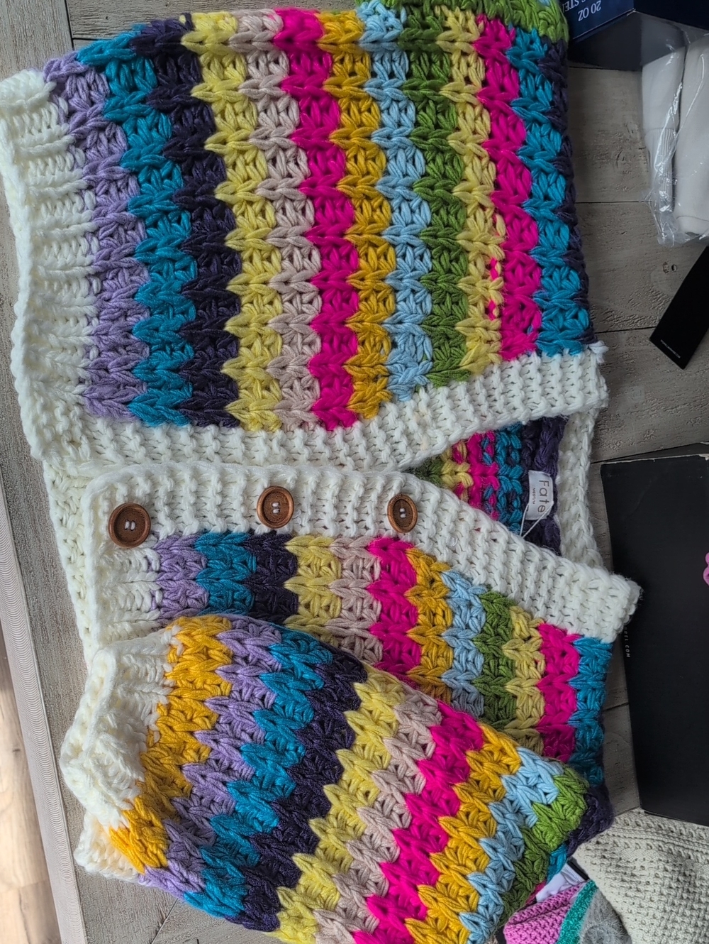 Vici Multicolor Striped Crochet Cardigan with White Trim
